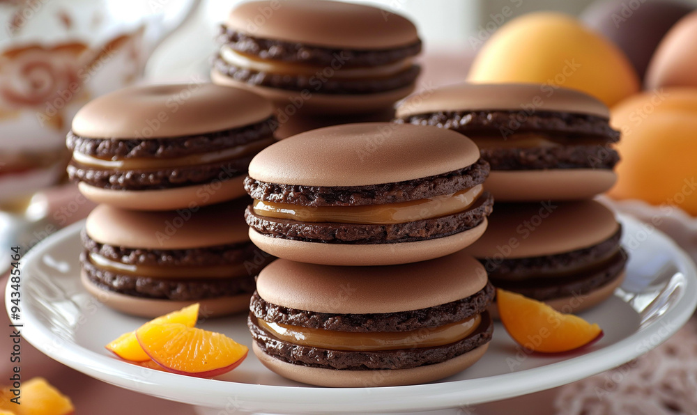 Delicious cookies with a layer of chocolate and jam on the table. Close-up. Baking. Chocolate cookies. Space for text. Copy space. Delicious cookies with a layer of chocolate and jam on the table. Close-up. Baking. Chocolate cookies. Space for text. Copy space.