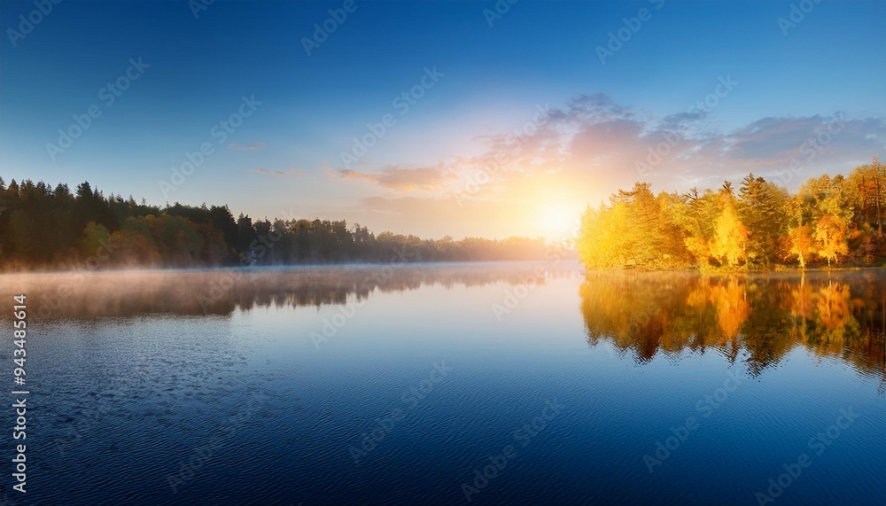 lake scape and opposite shore forest at dawn lake scape and opposite shore forest at dawn