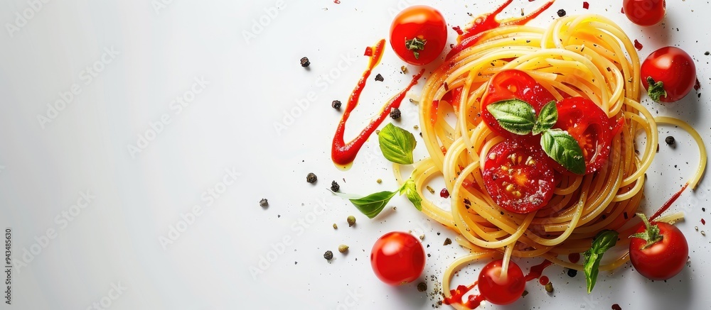 Spaghetti with tomato sauce on a clean white backdrop with space for writing or images. Creative banner. Copyspace image Spaghetti with tomato sauce on a clean white backdrop with space for writing or images. Creative banner. Copyspace image