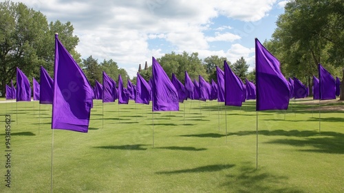 A vast field of purple flags honors victims on International Overdose Awareness Day in a city park