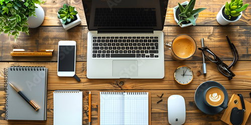 Modern work desk with a laptop, coffee, and plants in a cozy home office, Organized workspace with a laptop, notepads, and coffee in a home office setup.