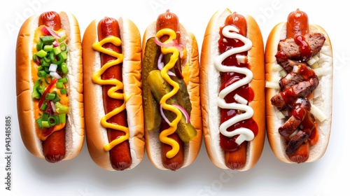 Five gourmet hotdogs with various toppings are displayed on a clean white background, perfect for food enthusiasts photo