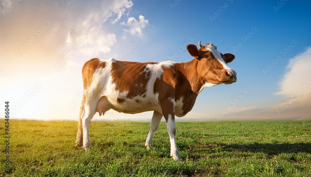 cow on the background of sky and green grass cow on the background of sky and green grass