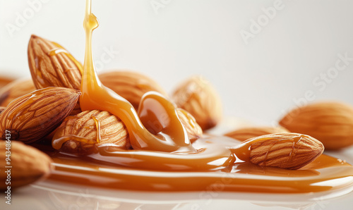 Close-up of almonds in caramel.
almond in melted caramel isolated on white background.