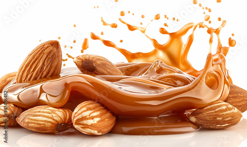 Close-up of almonds in caramel.
almond in melted caramel isolated on white background.