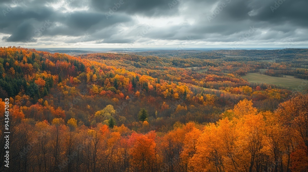 Obraz premium A view of rolling hills covered in autumn colors, under a soft, cloudy sky.