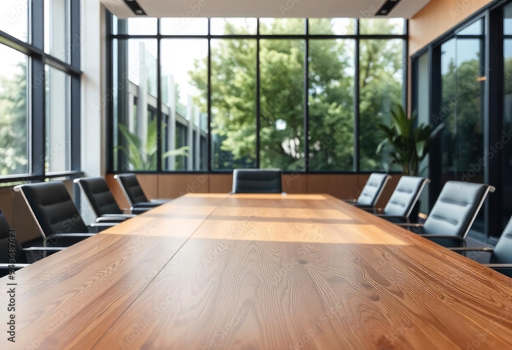 Empty office wooden desktop with empty space on modern boardroom with large window background, closeup, mock up, ai