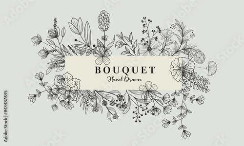 Bouquet Set of elegant background with detailed various flowers and foliage, intricate details and delicate forms. Floral frame & Wedding wildflowers for invitation save the date card Etc.