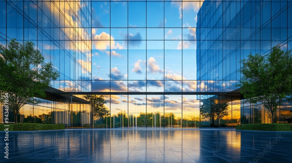 Modern Office Building with Sunset Reflection Modern Office Building with Sunset Reflection