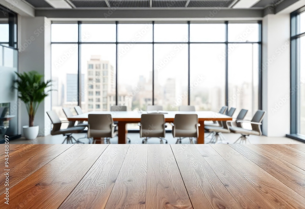 Empty office wooden desktop with empty space on modern boardroom with large window background, closeup, mock up, ai Empty office wooden desktop with empty space on modern boardroom with large window background, closeup, mock up, ai