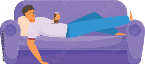 Young man is lying on the sofa, enjoying a refreshing drink and taking a break from his daily routine