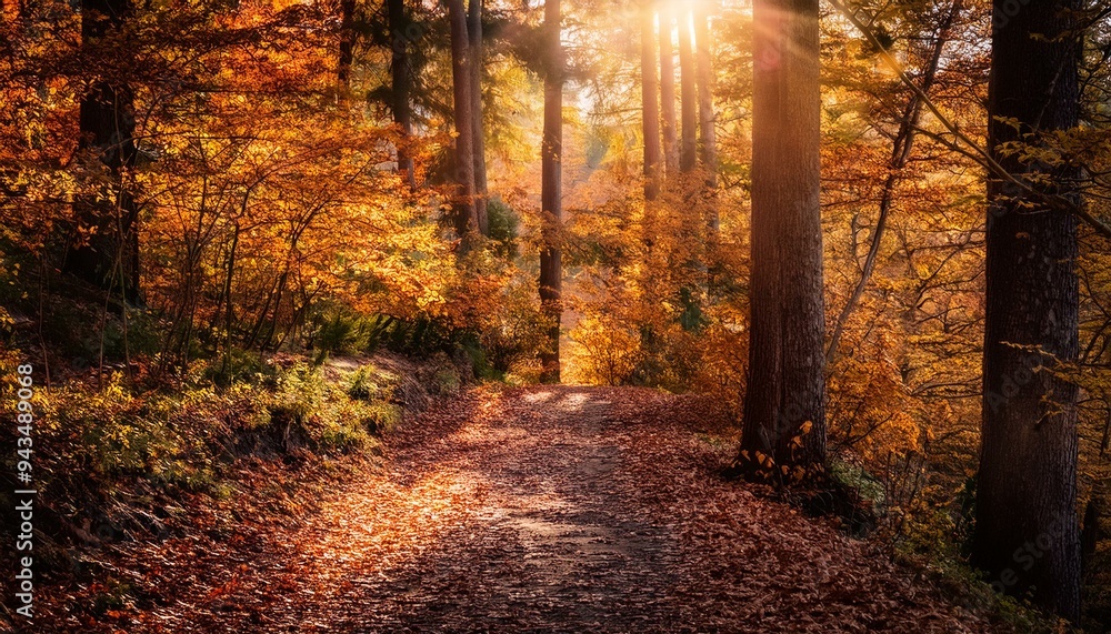 Walk Through a Sunlit Autumn Forest Path Filled with Colorful Leaves and Tranquil Beauty. Generative AI. Walk Through a Sunlit Autumn Forest Path Filled with Colorful Leaves and Tranquil Beauty. Generative AI.
