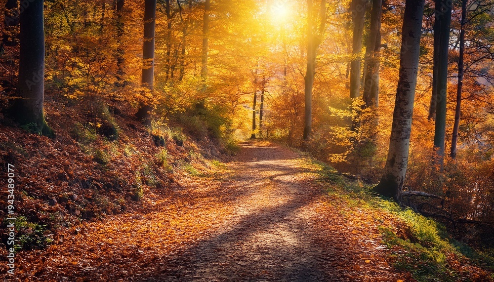 Obraz premium Discover the Serene Beauty of an Autumn Woodland Path Bathed in Soft Sunlight and Fall Foliage. Generative AI