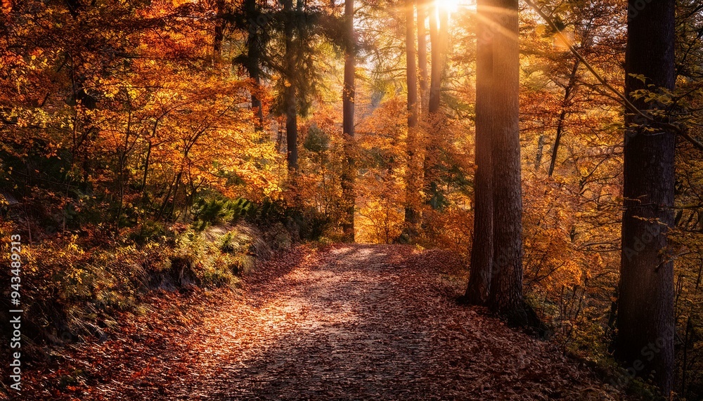 Fototapeta premium Experience the Magic of Autumn: A Forest Path Covered in Vibrant Leaves Bathed in Sunlight. Generative AI