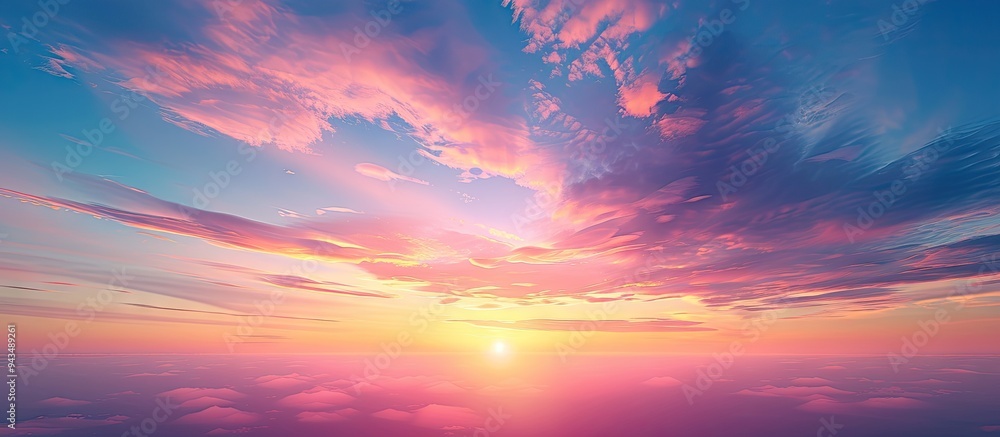 Scenic sunrise or sunset with gradient sunlight on a colorful romantic sky background creating a serene natural view with space for adding images. Creative banner. Copyspace image Scenic sunrise or sunset with gradient sunlight on a colorful romantic sky background creating a serene natural view with space for adding images. Creative banner. Copyspace image
