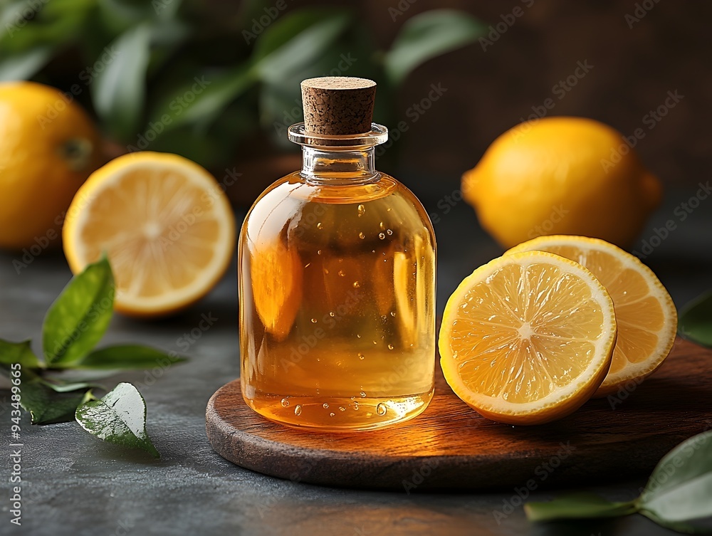 Lemon Essential Oil Bottle with Sliced Lemons - Aromatherapy Product Mockup with Fresh Citrus Lemon Essential Oil Bottle with Sliced Lemons - Aromatherapy Product Mockup with Fresh Citrus