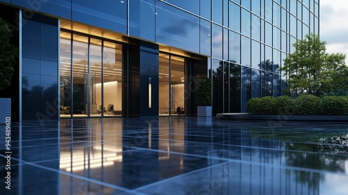 Modern Office Building Entrance with Glass Facade