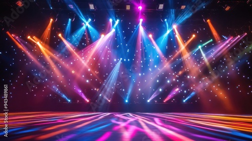 Stage lights creating a kaleidoscope effect, multicolored beams, festive and lively setting, high energy