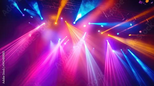 Stage lights creating a kaleidoscope effect, multicolored beams, festive and lively setting, high energy