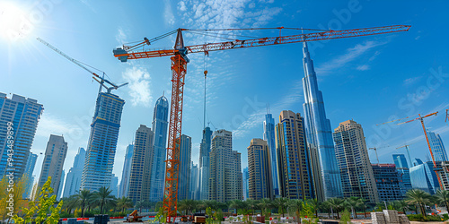 Construction site with towering cranes and modern skyscrapers in an urban skyline, City development with construction cranes and high-rise buildings under construction