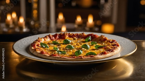 stock photography ciprianis gold pizza with a background of expensive fine dining restaurant photo