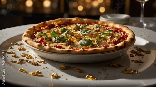 stock photography ciprianis gold pizza with a background of expensive fine dining restaurant photo