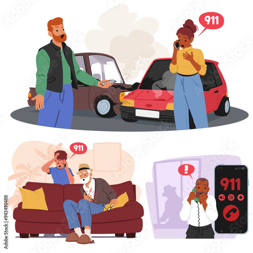 People In Various Emergencies And Accidents Calling 911 For Help. Scenarios Include A Car Accident, A Medical Emergency