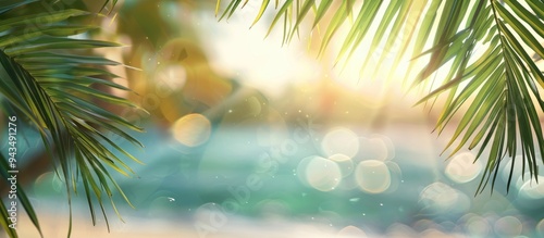 Sunlight glistening on palm tree leaves with a blurred sea background perfect for product displays or decorations utilizing the copy space image