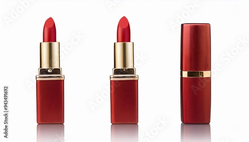 red lipstick with golden case on transparent background photo