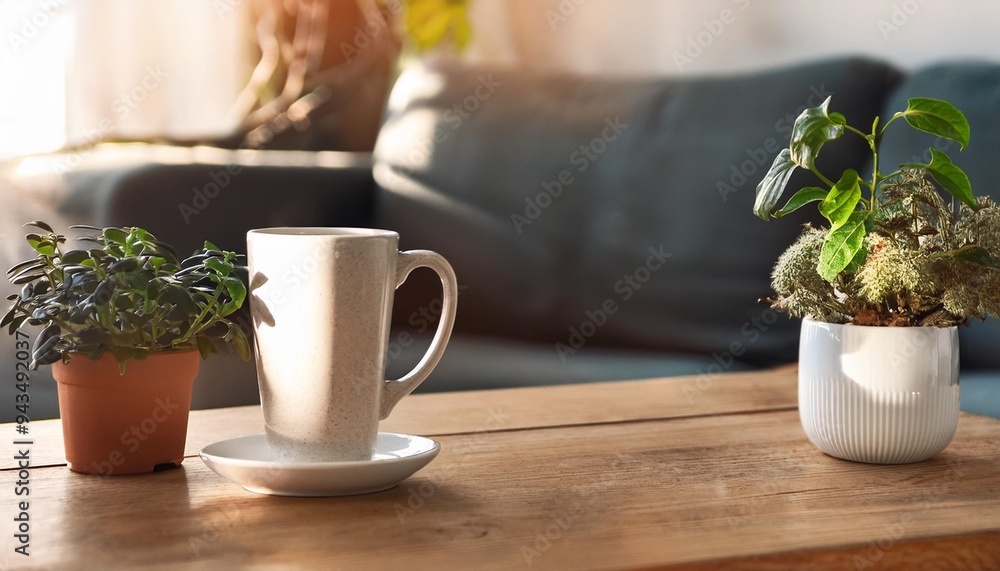 a cup of coffee sitting on top of a wooden table next to a couch and a potted plant on top of a wooden table generative ai a cup of coffee sitting on top of a wooden table next to a couch and a potted plant on top of a wooden table generative ai