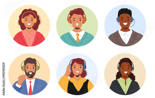 Diverse Group Of Call Center Employees Wearing Headphone Circular Icons Or Avatars. Characters Showing Customer Support