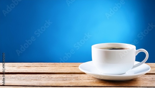 cup of coffee on wooden table with blue background