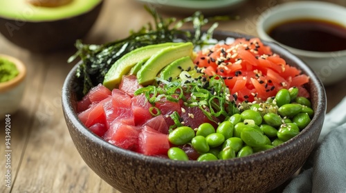 fresh and vibrant poke bowl filled with sushi-grade tuna, sticky rice, and an array of toppings.