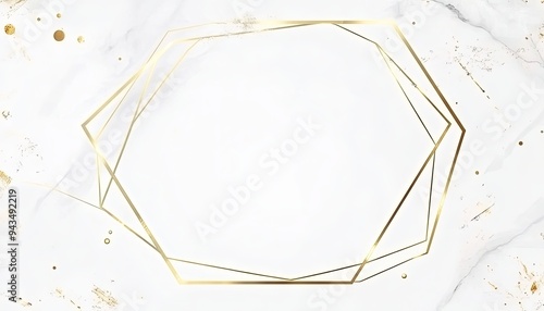 Abstract geometric gold frame on a white marble background.
