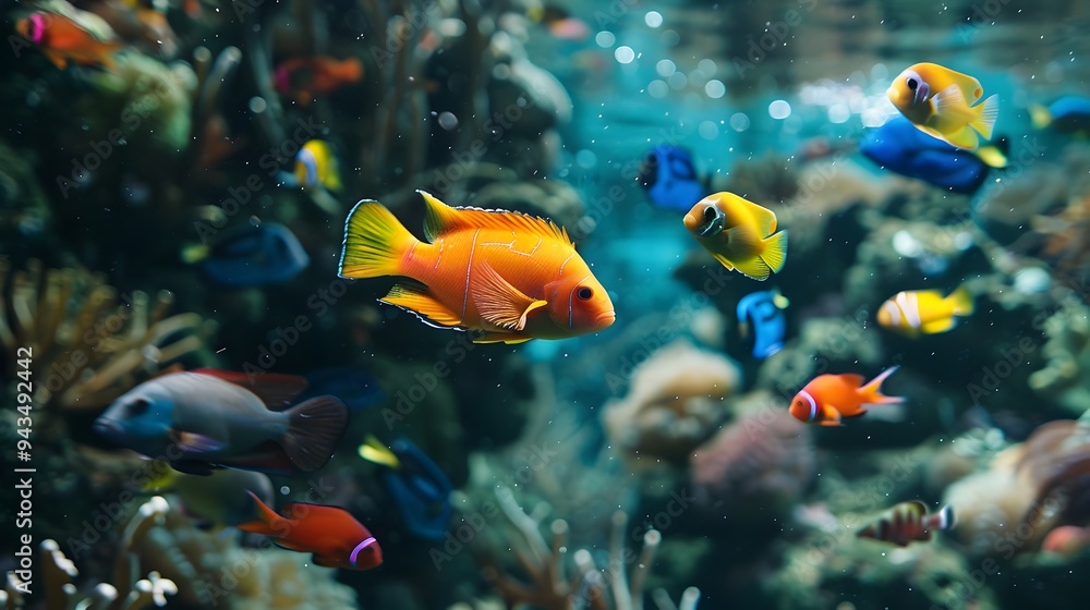Seascape view of Colorful fishes in the blue ocean. Tropical sea underwater fishes on coral reef. Aquarium oceanarium wildlife colorful marine panorama landscape