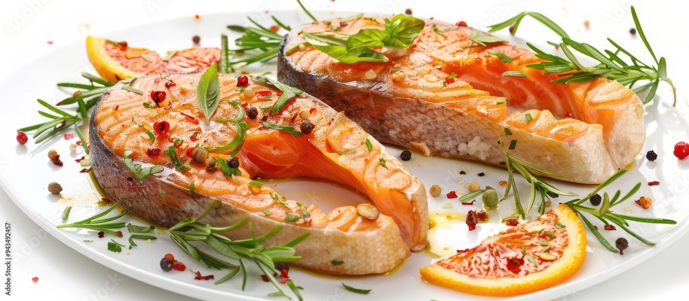 Salmon steaks baked and healthy displayed on a white background with room for text or images can be paired with various veggies and citrus wedges for a nutritious meal option. Creative banner Salmon steaks baked and healthy displayed on a white background with room for text or images can be paired with various veggies and citrus wedges for a nutritious meal option. Creative banner