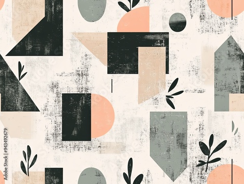 Abstract geometric pattern with leaves and distressed texture in black, peach, and green on a white background.