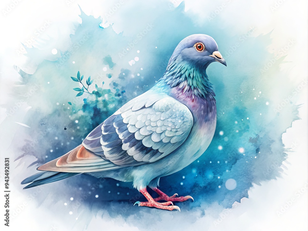 Obraz premium pigeon graphic mix with soft watercolor style, whimsical concept, and calming mood featuring pastel blue and white colors with subtle texture and intricate detailing