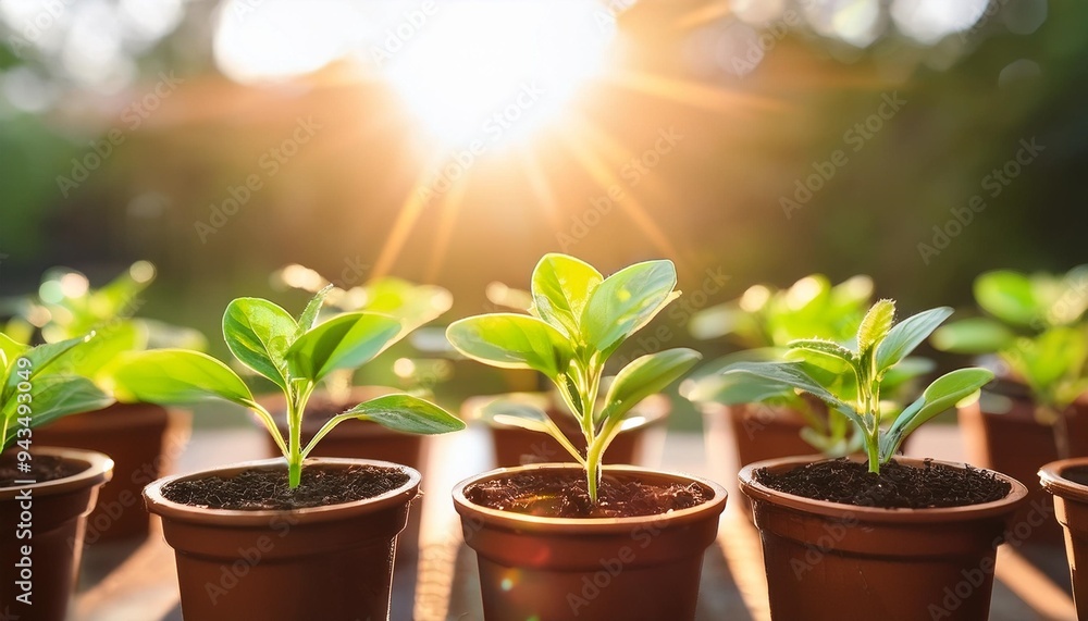 fresh green plants growing in pots with sunlight shining in the background symbolizing growth and new beginnings fresh green plants growing in pots with sunlight shining in the background symbolizing growth and new beginnings
