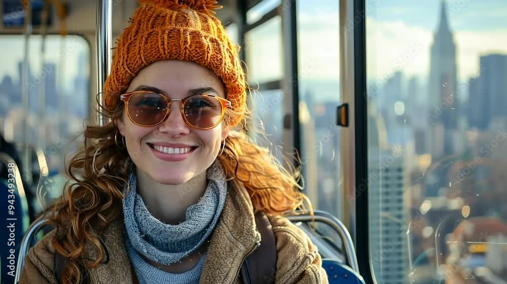 A joyful woman enjoying a scenic bus ride with city skyline views on a sunny autumn day A joyful woman enjoying a scenic bus ride with city skyline views on a sunny autumn day
