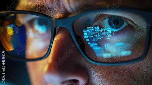 Wallpaper Mural Close-up of a trader's face with stock market charts reflecting in their glasses, showing intense focus on financial data analysis.. Torontodigital.ca