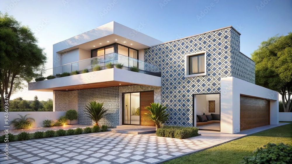 Fototapeta premium Portuguese tile house style modern twist contemporary facade sleek lines minimalist design whitewashed exterior urban concepts