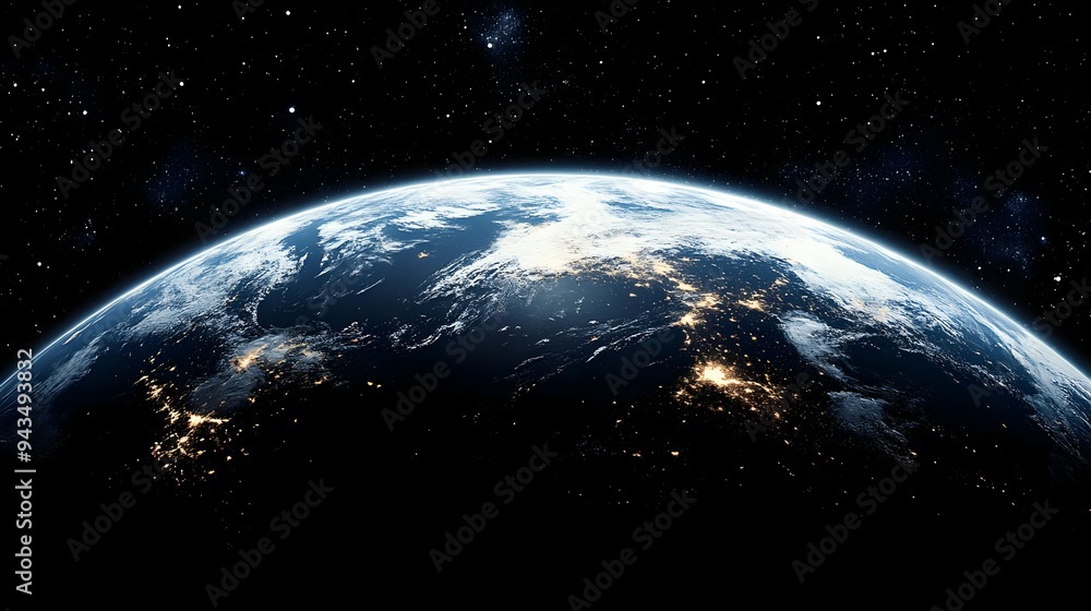 A breathtaking view of Earth from space, showcasing the planet's curvature, illuminated cities, and swirling clouds against a backdrop of twinkling stars. A breathtaking view of Earth from space, showcasing the planet's curvature, illuminated cities, and swirling clouds against a backdrop of twinkling stars.