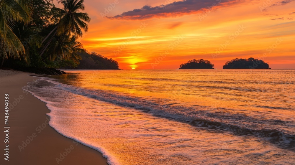 peaceful tropical beach at sunset, where the sky is painted in shades of fiery orange, deep red, and golden yellow. peaceful tropical beach at sunset, where the sky is painted in shades of fiery orange, deep red, and golden yellow.