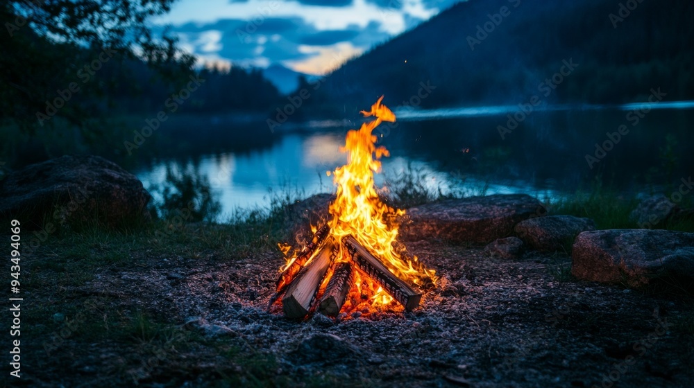 Fototapeta premium Campfire by the Lake at Dusk
