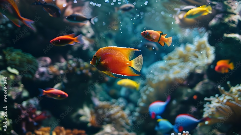 Fototapeta premium Seascape view of Colorful fishes in the blue ocean. Tropical sea underwater fishes on coral reef. Aquarium oceanarium wildlife colorful marine panorama landscape