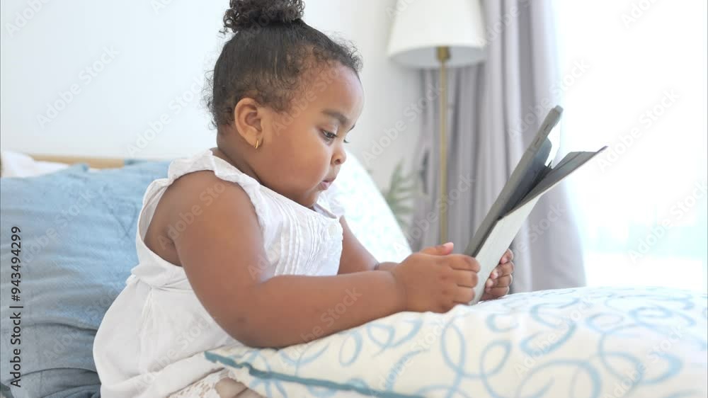 A little girl playing her favorite game on a tablet in the bedroom of the house A little girl playing her favorite game on a tablet in the bedroom of the house