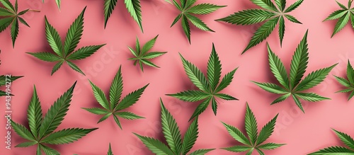 Pink background with a pattern of cannabis leaves ideal for copy space image