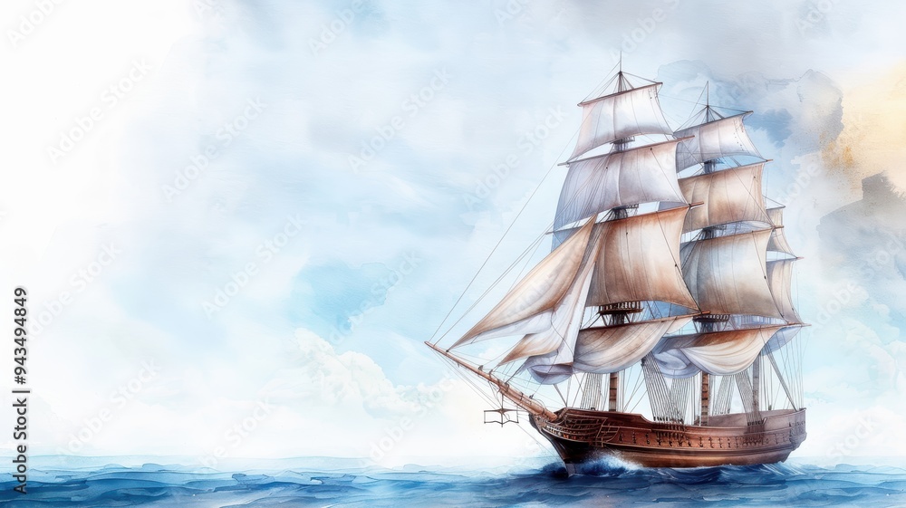 Fototapeta premium A majestic sailing ship glides through calm waters under a picturesque sky, embodying adventure and exploration.