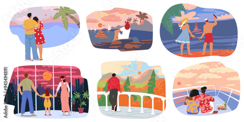Cartoon People Watching Sunsets And Sunrises In Various Locations, Including Tropical Beaches, Urban Settings